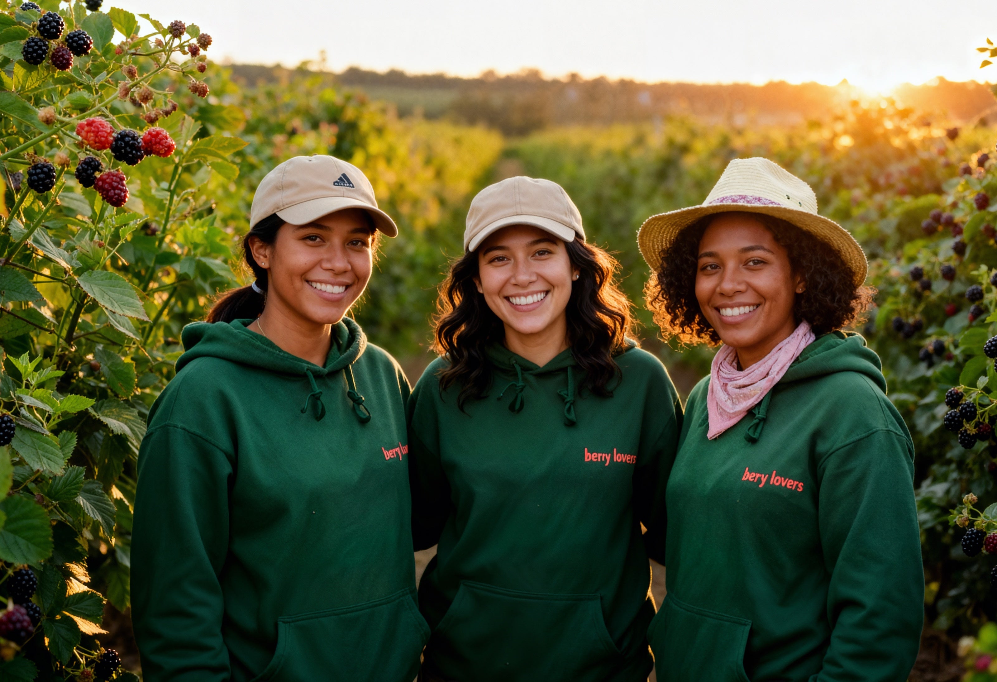 Productrices mexicaines de petits fruits dans un champ au coucher du soleil